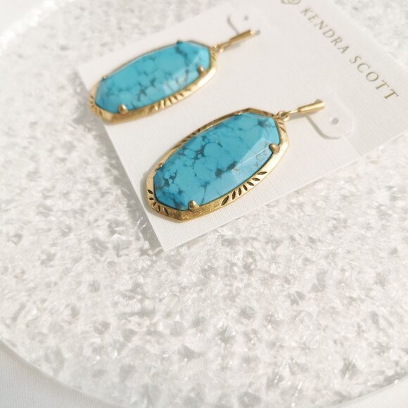 Kendra Scott | Elle - Vintage Gold Variegated Turquoise Etch Frame Earrings - Picture 3 of 4
